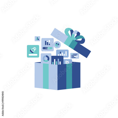 A gift box opens with graphs and charts flying out in a business setting.