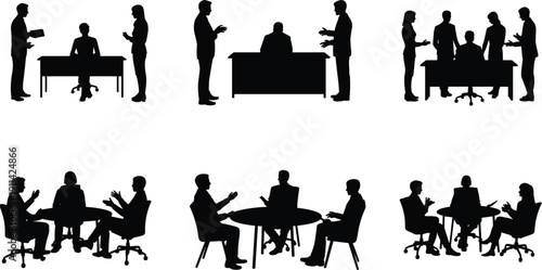 Business meeting silhouette collection, corporate team discussion office conference table black isolated vector illustration set on white background