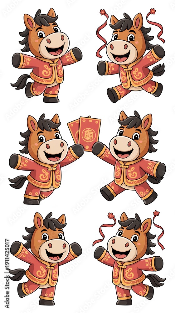 Fototapeta premium Adorable zodiac horse character in multiple poses and facial expressions. Perfect for Lunar New Year greeting cards, stickers, and festive designs