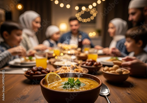 Warm Ramadan Family Gathering: Hot Soup in Foreground with Cozy Blurred Background