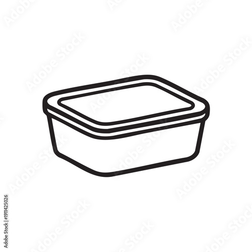 A simple black line drawing of a rectangular plastic container with a lid on a transparent background viewed from a slight angle.