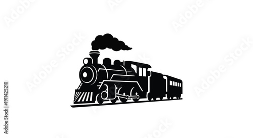Vintage steam train illustration in a striking black silhouette