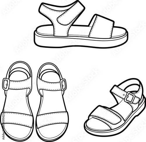 Summer sandals collection vector illustration, casual open toe footwear set with buckle straps isolated on white background