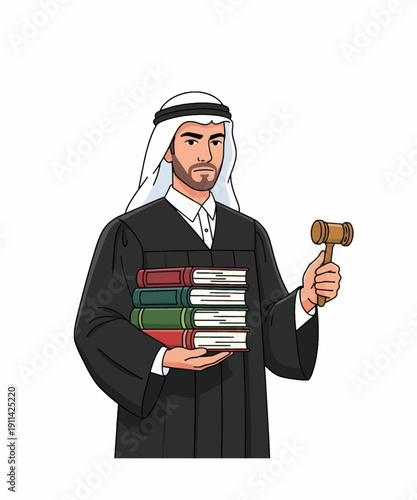 Arab male judge holding law books and gavel in courtroom professional attire