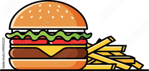 A mouth-watering illustration of a cheeseburger and fries viewed from the front on a clean background