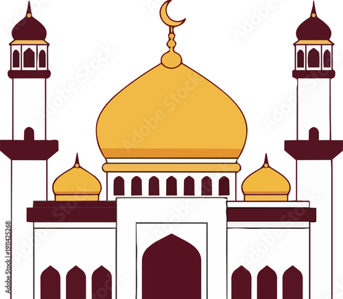 A majestic mosque illustration with golden domes and minarets, viewed from the front