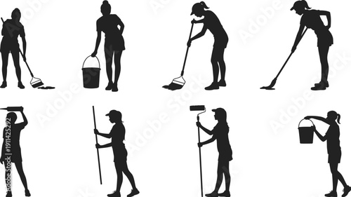 Female house cleaner silhouettes collection, woman cleaning with mop broom bucket and roller vector illustration isolated on white background