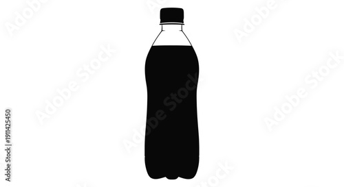 A dark silhouette of a plastic beverage bottle against white background