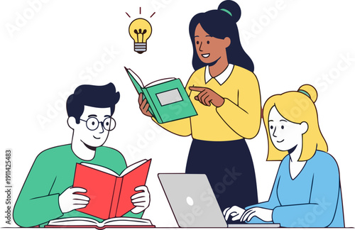 Group of students collaborating on a project with a teacher guiding them in a modern educational setting from a slightly elevated viewpoint