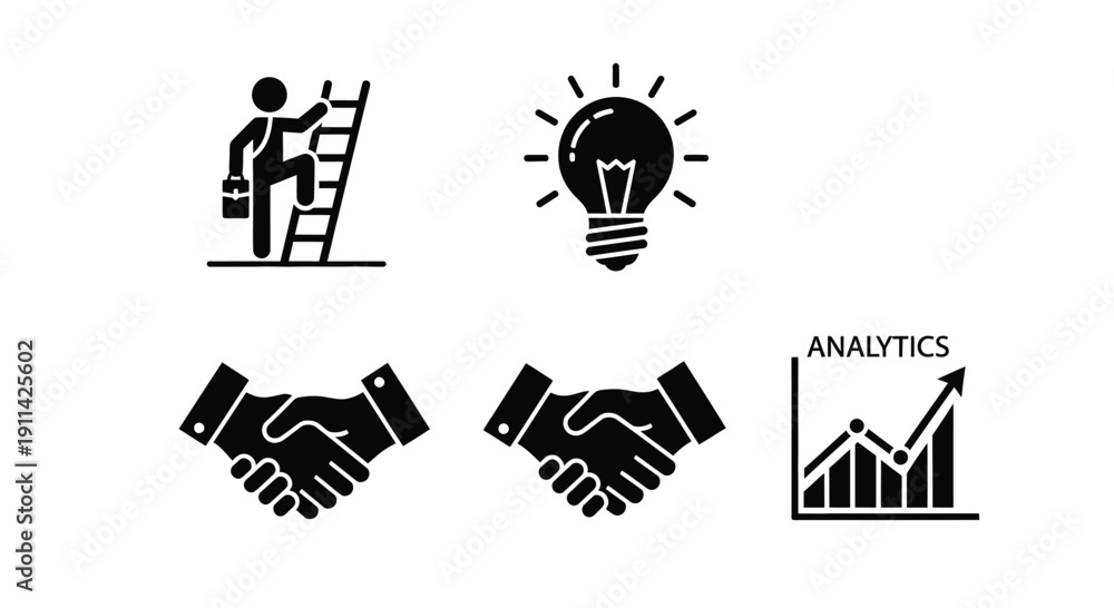 Fototapeta premium Startup Corporate Silhouette Icon Set Representing Leadership, Growth, Innovation, Teamwork and Success in Business Environment