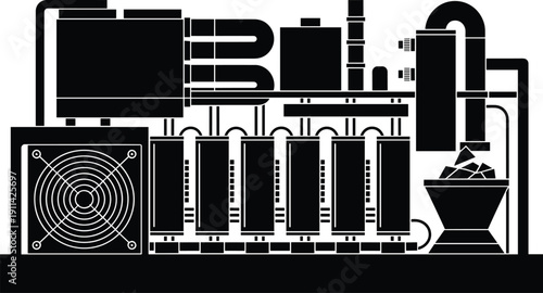 Cryptocurrency mining rig silhouette, bitcoin blockchain hardware equipment with cooling fans and processors, isolated industrial technology illustration on white background