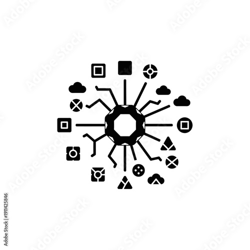 Black and white abstract technology icon with various shapes and symbols.