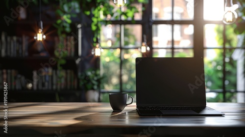 Inviting study or home office with a laptop, coffee, and books on a rustic wooden desk, surrounded by lush greenery and natural light.