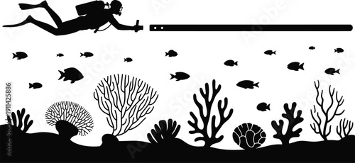 Scuba diver silhouette exploring coral reef, underwater marine life scene with fish and ocean plants, isolated on white background vector illustration