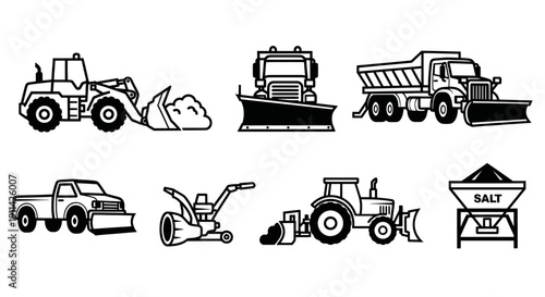 Winter Snow Removal Equipment Icons - Trucks, Plows, Snowblower, Salt Spreader