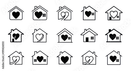 Set of house and heart icons, symbols of home, love, and real estate