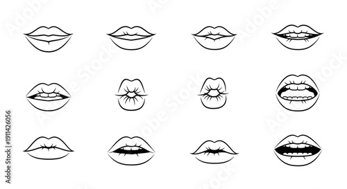 Set of 12 Hand Drawn Lips Illustrations, Different Expressions, Vector Art