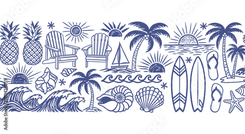 Vibrant beach symbols and icons for summer fun and travel