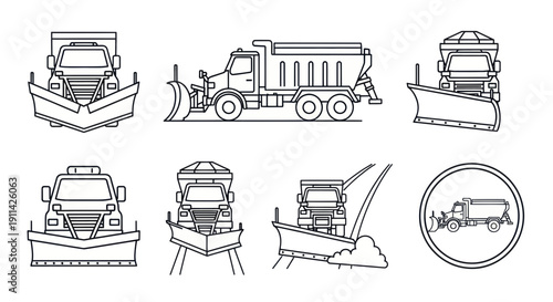 Snow Plow Truck Vector Icons Set - Winter Road Maintenance & Vehicle Collection