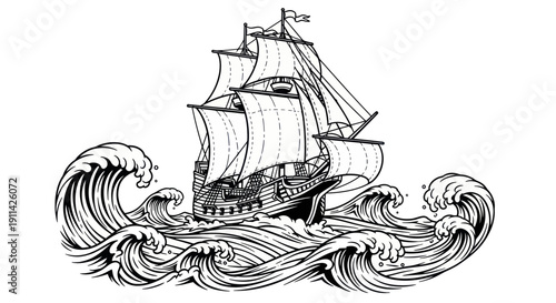 Vintage Tall Ship Sailing Through Rough Seas, Illustration