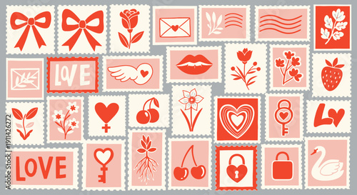 Vibrant Valentine's Day themed postage stamp illustrations