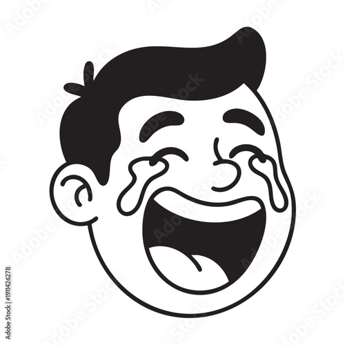 A laughing cartoon character with tears streaming down its face, conveying extreme joy and amusement in a simple black and white illustration style from a frontal viewpoint.