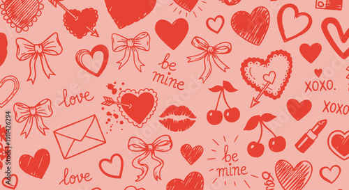 Charming Valentine's Day pattern with hearts, love symbols on pink
