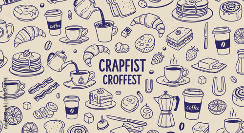 Delicious breakfast food and coffee seamless pattern