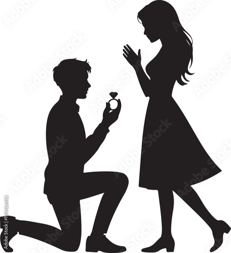 Marriage Proposal  Man Kneeling with Ring Romantic Black Silhouette
