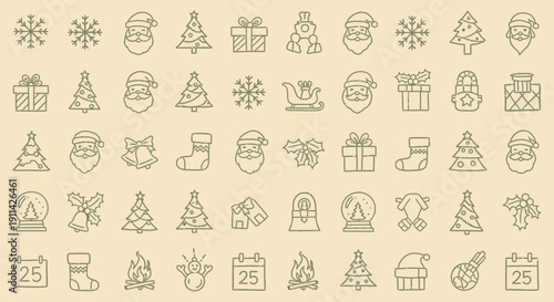 Christmas icons set including Santa Claus, trees, gifts, snowflakes