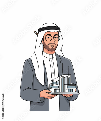 Arab businessman holding modern city model smiling confidently in suit and headscarf