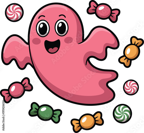 Funny cartoon monster with colorful candy vector on white background.
