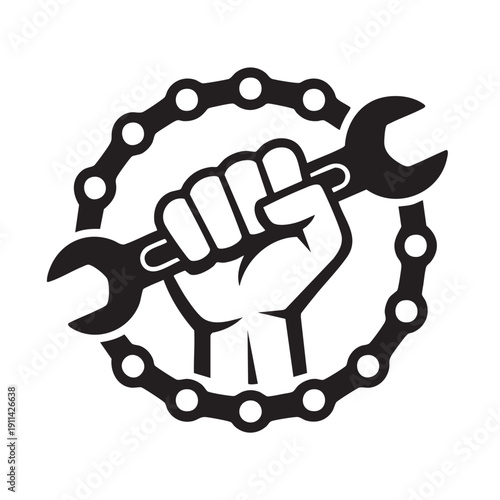 A powerful hand grasping a double-ended wrench in the center of a gear, symbolizing strength and mechanical work, viewed from a straightforward perspective.