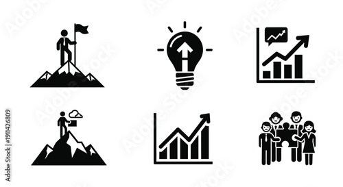 Startup Corporate Silhouette Icon Set depicting Leadership, Growth, Innovation, Teamwork through Climbing Graphs and People