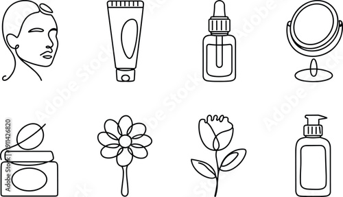 Beauty and Skincare Icons: Face, Cream, Serum, Mirror, Flower, Soap Dispenser