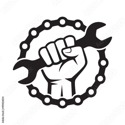 A raised fist holding a large adjustable wrench surrounded by a circular gear or cogwheel, symbolizing strength and mechanical work, in a monochromatic illustration style from a direct viewpoint.
