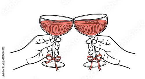 Two hands clinking wine glasses with red liquid and decorative bows
