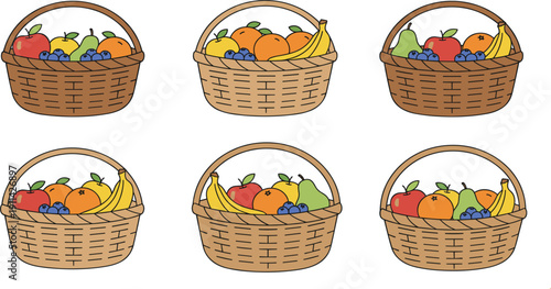 Wicker Basket with Assorted Fresh Fruits Flat Vector Set Isolated on White Background