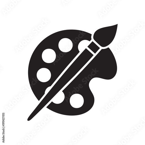 A black and white illustration of a painter's palette with a brush resting on it, symbolizing creativity and artistic expression in a simple, iconic style from a straightforward viewpoint.