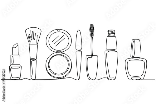 Continuous Line Drawing of Makeup Products: Lipstick, Brush, Powder, Eyeliner, Mascara, Foundation, Nail Polish