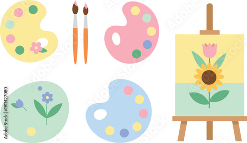 Vector illustration set of art supplies featuring colorful paint palettes artist brushes and floral canvas on an easel for creative hobbies and painting classes