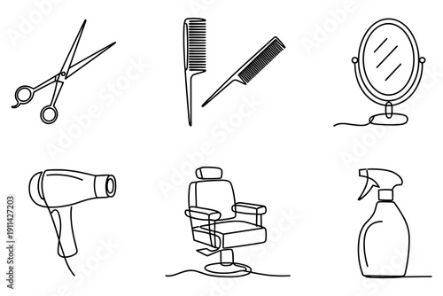Hair Salon Icons Collection: Scissors, Combs, Dryer, Chair, Mirror, Spray Bottle