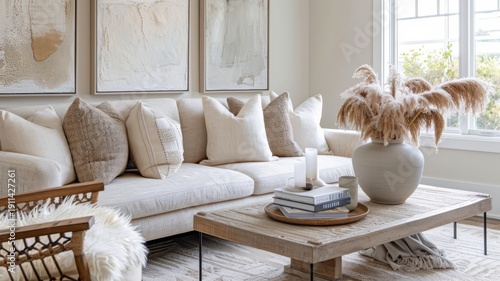 Elegant living room with a plush sofa, neutral-toned pillows, and a rustic wooden coffee table adorned with pampas grass and decor.