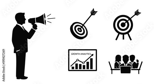Leadership, Growth, Innovation, Teamwork - Businessman Using Megaphone with Target Icons for Effective Communication