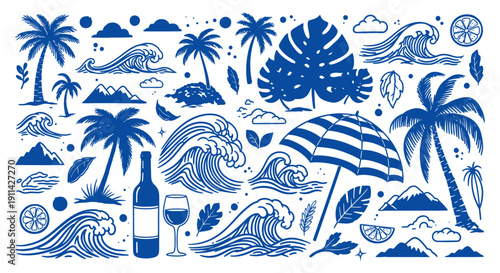 Vibrant blue tropical illustrations for summer and travel designs