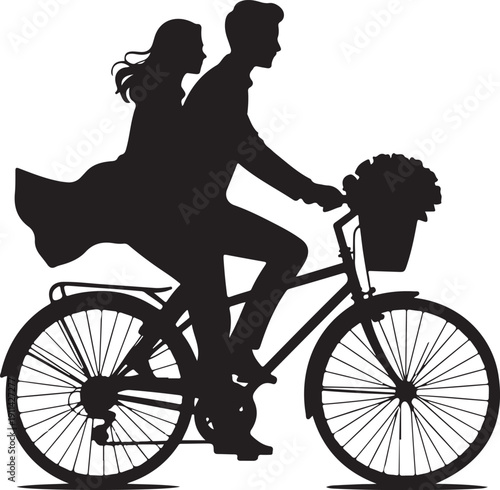 Romantic couple riding a vintage bicycle silhouette illustration