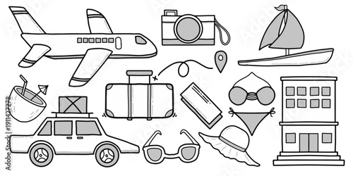 Summer travel doodle vector set in hand drawn style. Vacation and tourism transportation and accessories illustration