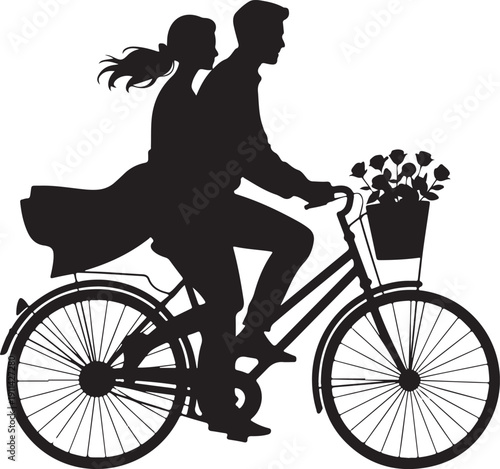 Romantic couple riding bicycle silhouette illustration