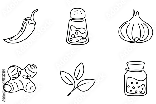 Line Art Icons: Chili Pepper, Salt Shaker, Garlic, Ginger, Herbs, Spice Jar