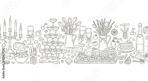 Elegant dinner party setup with wine glasses and gourmet food